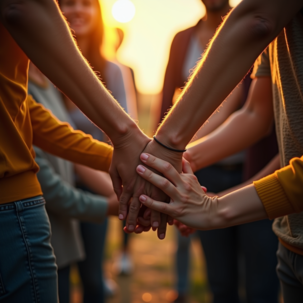 Diverse volunteers and community members joining hands in support, representing philanthropy and community service with warm, hopeful lighting