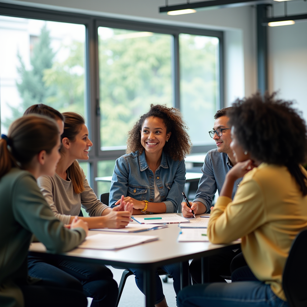 Diverse group of students engaged in collaborative learning activities in a bright, modern classroom setting with mentors providing guidance and support