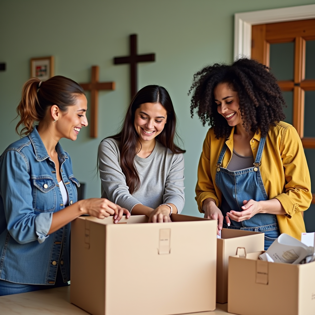 Three diverse volunteers working together at a community center, organizing donation boxes and smiling warmly while helping families. The scene shows a bright, welcoming space with religious symbols and community outreach materials visible in the background.