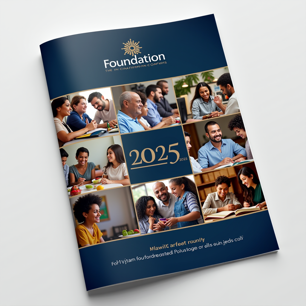 ELH Foundation 2025 Annual Report cover featuring a professional design with the foundation's logo, showing diverse community members engaged in various philanthropic activities including education, community service, and religious gatherings, with a color scheme of deep trust blue and amber gold accents