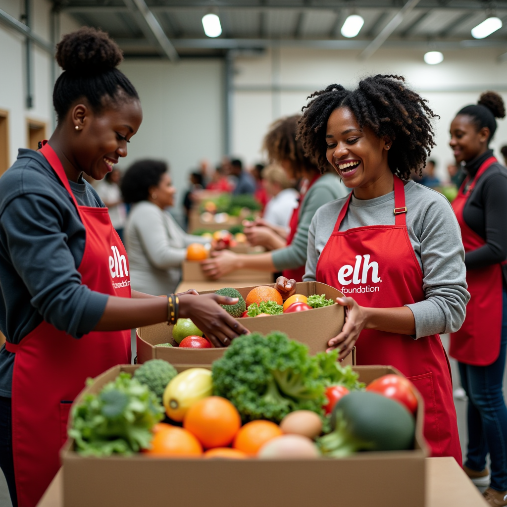 Volunteers from ELH Foundation and partner organizations distributing fresh produce and essential food items to families at a community food distribution center, with diverse volunteers wearing branded aprons organizing boxes of groceries while community members receive assistance