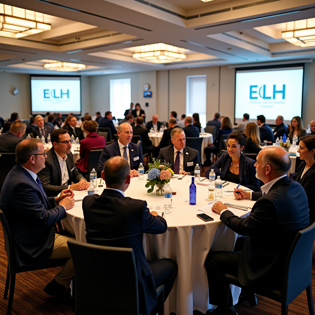 Wide conference room filled with 85 nonprofit executives and foundation leaders seated at round tables, engaged in collaborative discussion during the ELH Foundation Leadership Summit, with presentation screens visible in the background and natural light streaming through large windows