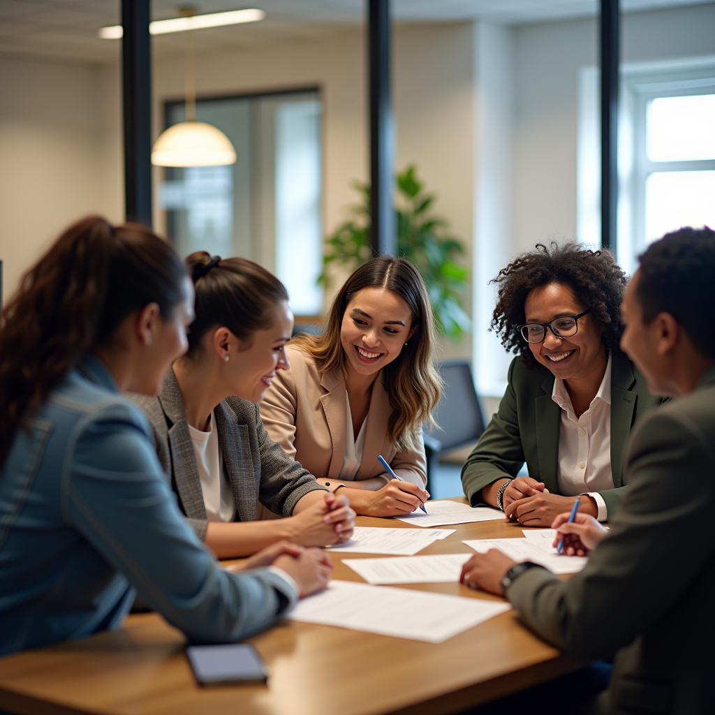 Diverse group of nonprofit leaders and community members reviewing grant applications and celebrating successful funding awards at a community foundation office, showing collaboration and philanthropic impact