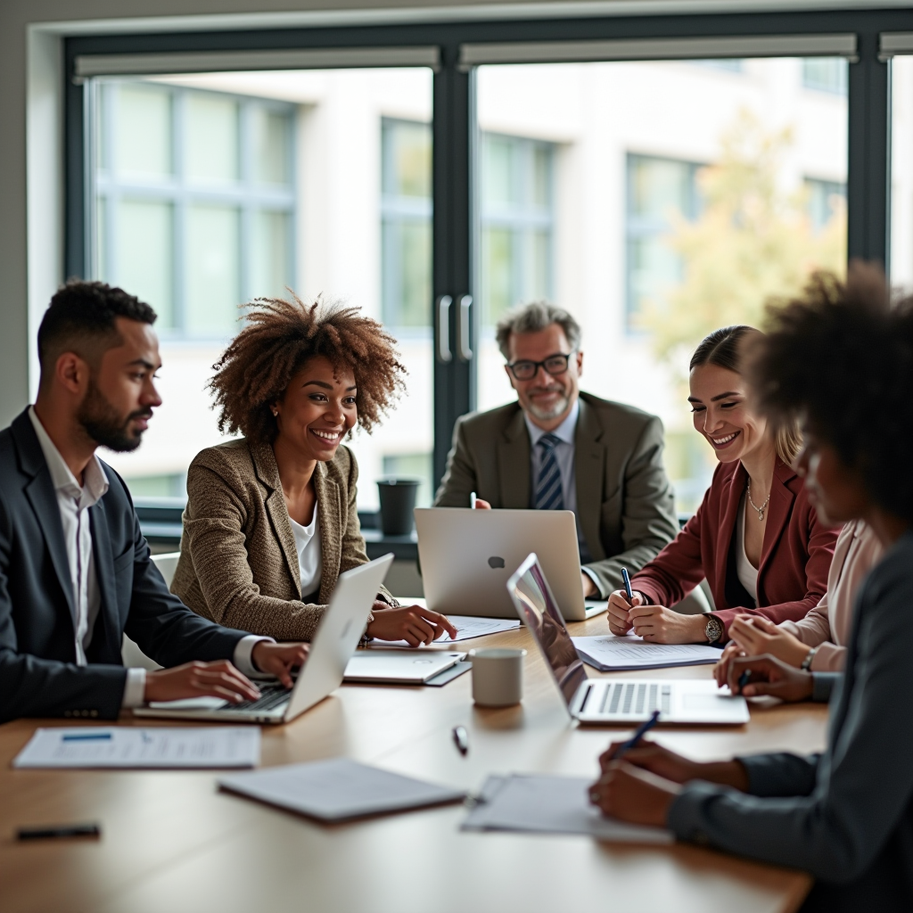 Diverse group of community leaders and nonprofit representatives gathered around a table reviewing grant applications and strategic planning documents, with laptops and folders visible, in a bright modern meeting room with natural lighting