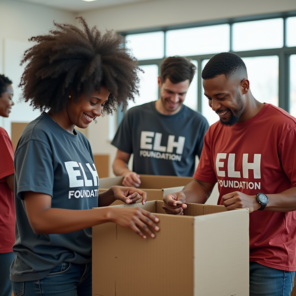 Diverse group of volunteers collaborating on a community project, wearing ELH Foundation t-shirts, working together to organize donated items in a bright community center with natural lighting