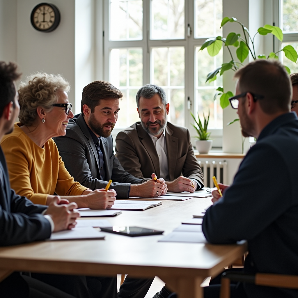 Diverse group of faith leaders from different religious traditions collaborating around a conference table, reviewing grant applications and community service program plans together in a bright, welcoming meeting space with interfaith symbols visible in the background
