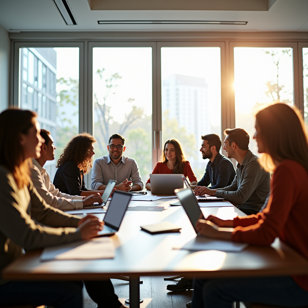 Diverse group of nonprofit leaders engaged in collaborative strategic planning workshop, sitting around a conference table with laptops and planning materials, bright natural lighting from large windows, professional yet warm atmosphere
