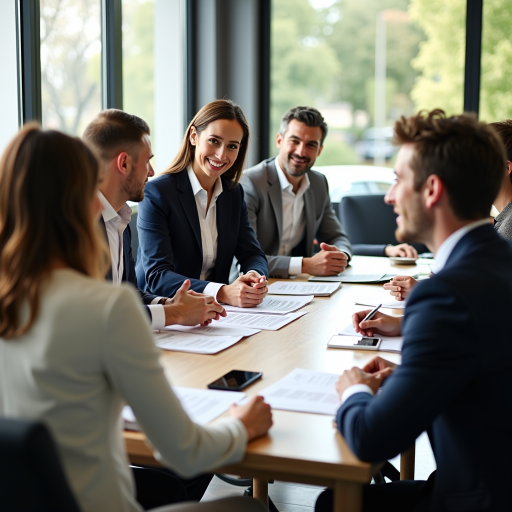 Professional philanthropic advisors meeting with clients around a conference table, reviewing charitable giving strategies and impact reports, with natural light streaming through windows and documents spread across the table showing foundation planning materials