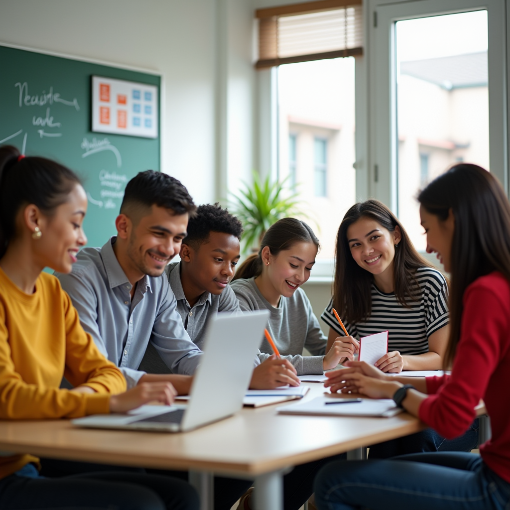 Diverse group of students in a bright classroom receiving tutoring and mentorship, young people of various backgrounds studying together with books and laptops, educational support program