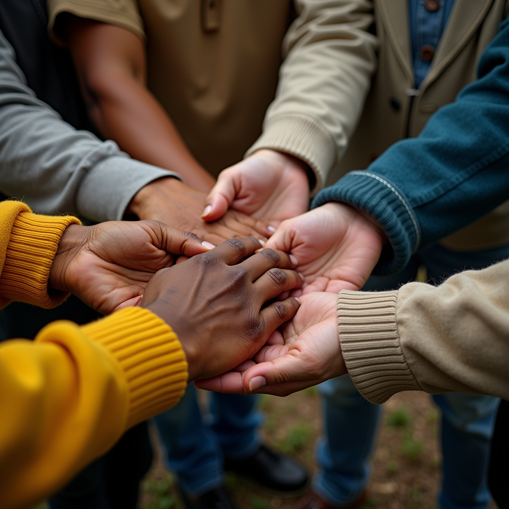 Dedicated volunteers of diverse backgrounds working together in community service, people helping others with compassion, hands joining together in service, community outreach and faith-based initiatives