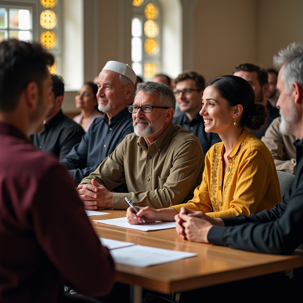 Interfaith gathering showing leaders from churches, synagogues, and mosques collaborating on community service initiatives, representing diverse faith-based organizations working together for social justice and humanitarian relief