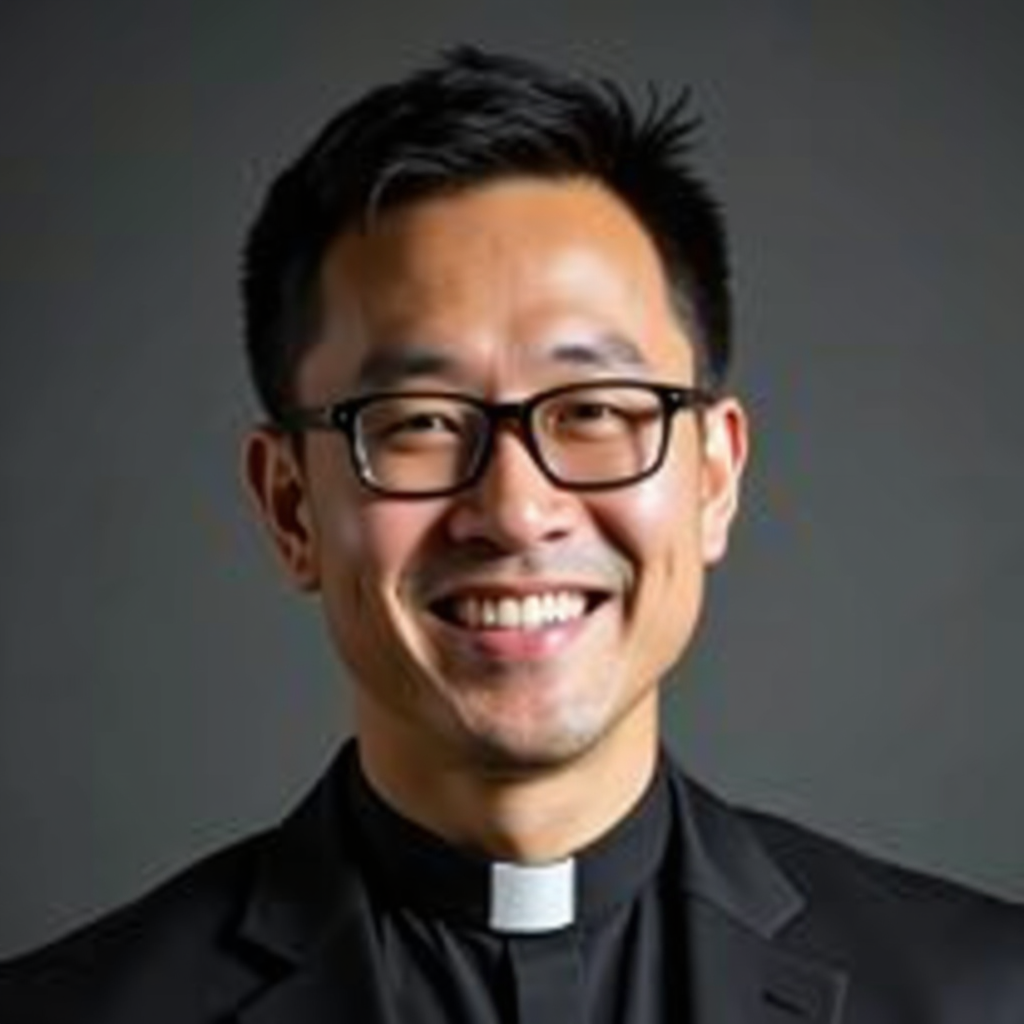 Professional headshot of Reverend Thomas Chen, smiling man with glasses in clerical collar