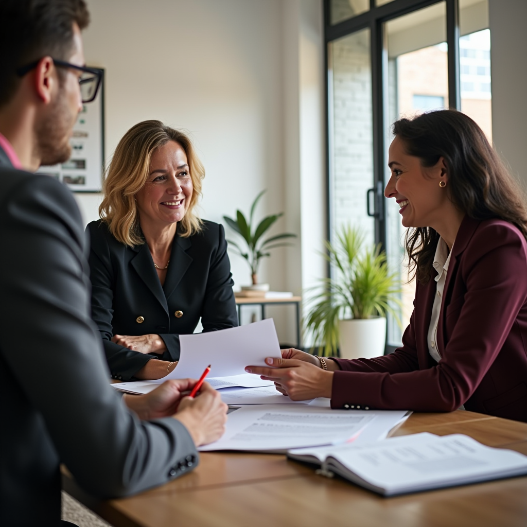 Professional philanthropic advisor consulting with family donors around a conference table, reviewing charitable giving strategies, impact assessment frameworks, and legacy planning documents for effective grantmaking